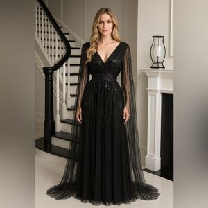 Elegant Black Long Sleeve Evening Dress